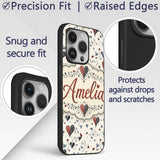 Elegant Abstract Heart Swirl and Floral Motif Custom Name Protective Phone Case Mobile Cover Durable Everyday Smartphone Shock Resistant