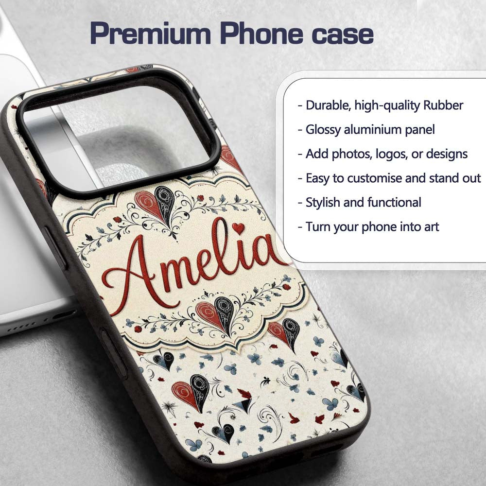 Elegant Abstract Heart Swirl and Floral Motif Custom Name Protective Phone Case Mobile Cover Durable Everyday Smartphone Shock Resistant