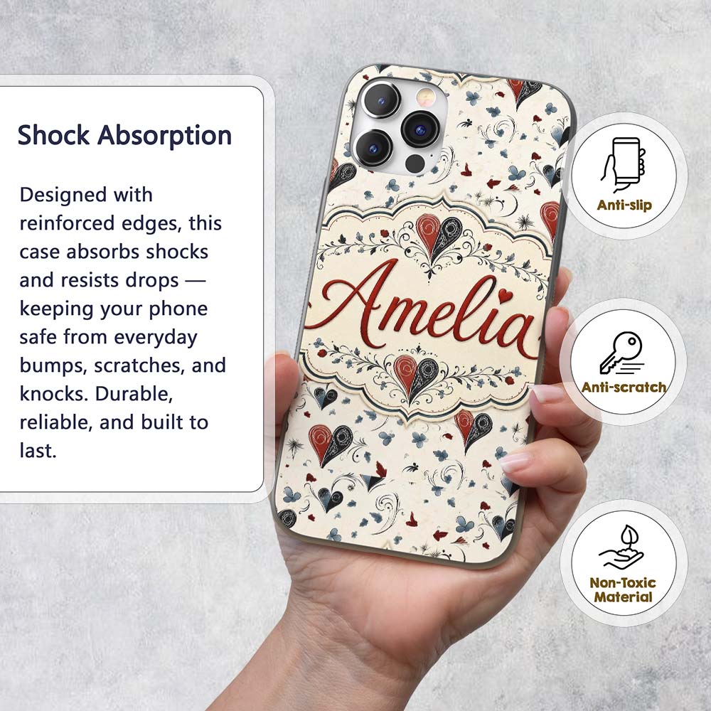 Elegant Abstract Heart Swirl and Floral Motif Custom Name Protective Phone Case Mobile Cover Durable Everyday Smartphone Shock Resistant
