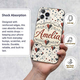 Elegant Abstract Heart Swirl and Floral Motif Custom Name Protective Phone Case Mobile Cover Durable Everyday Smartphone Shock Resistant