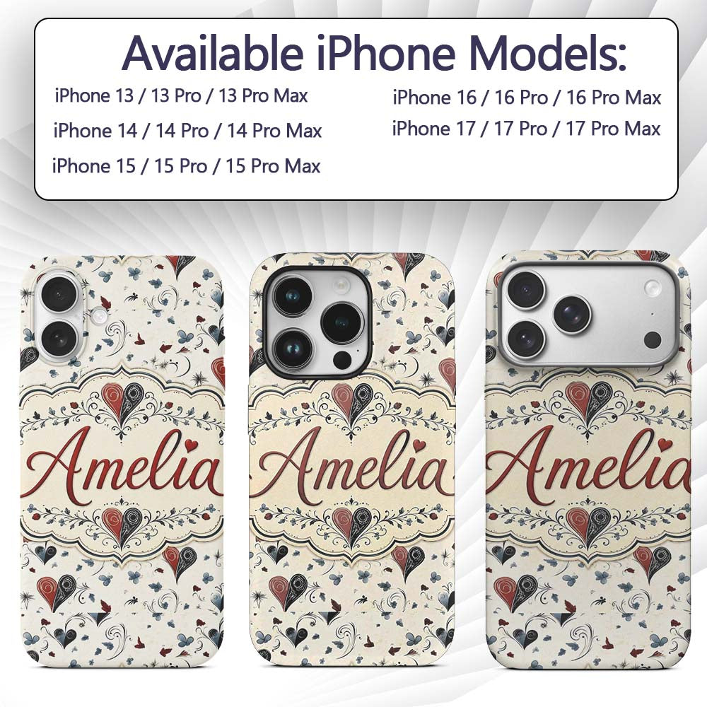 Elegant Abstract Heart Swirl and Floral Motif Custom Name Protective Phone Case Mobile Cover Durable Everyday Smartphone Shock Resistant