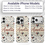 Elegant Abstract Heart Swirl and Floral Motif Custom Name Protective Phone Case Mobile Cover Durable Everyday Smartphone Shock Resistant