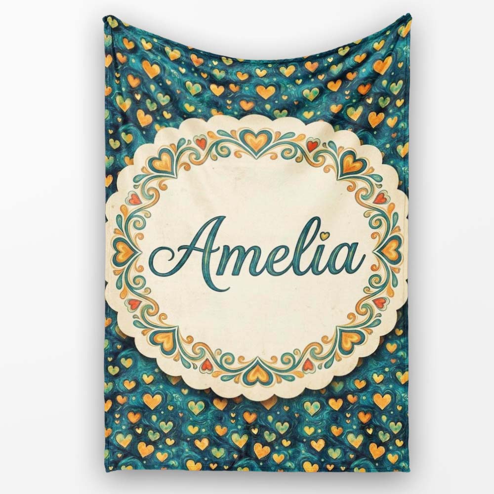 Artistic Blue and Gold Heart Swirl Textured Seamless Pattern Lovely  Personalised Custom Name Super Soft Fleece Blanket Bed Sofa Throw