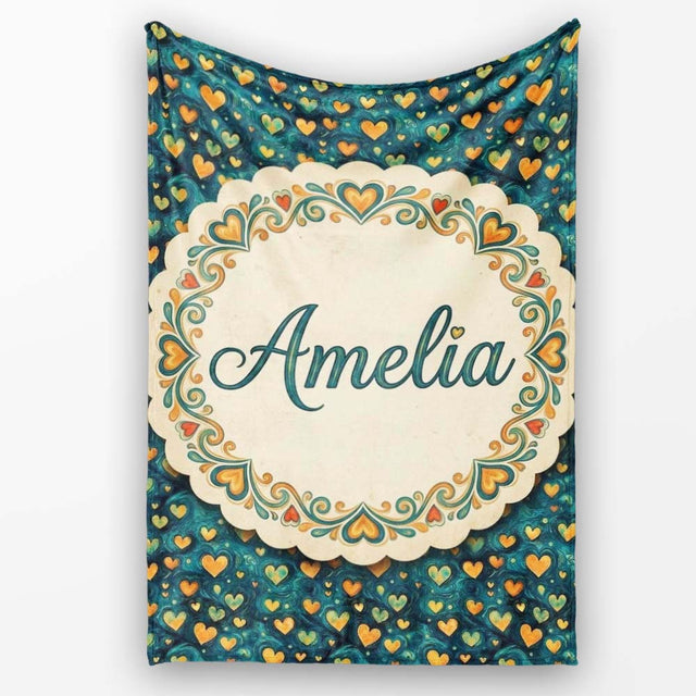 Artistic Blue and Gold Heart Swirl Textured Seamless Pattern Lovely  Personalised Custom Name Super Soft Fleece Blanket Bed Sofa Throw