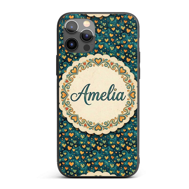 Artistic Blue and Gold Heart Swirl Printed Design Custom Name Protective Phone Case Mobile Cover Durable Everyday Smartphone Shock Resistant