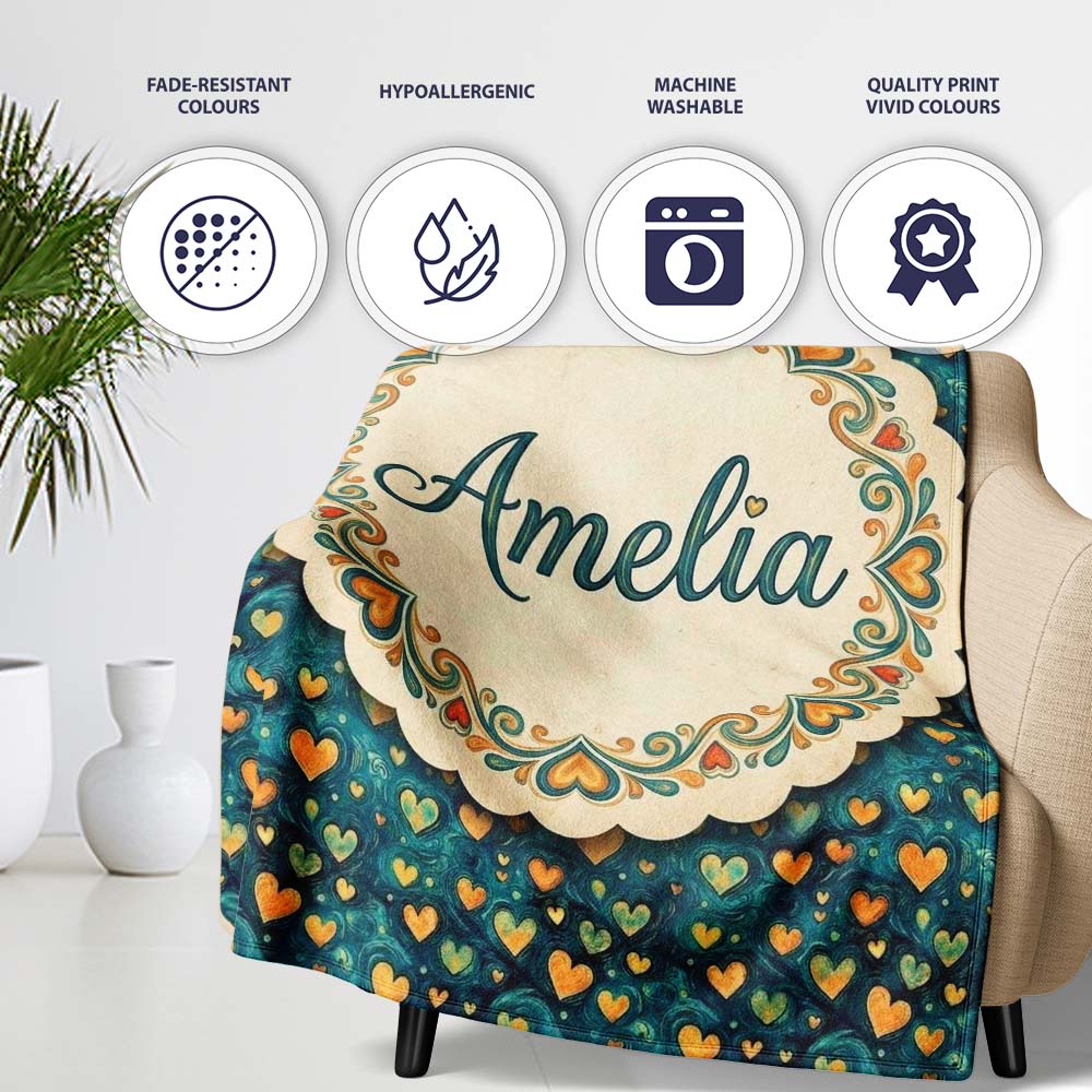 Artistic Blue and Gold Heart Swirl Textured Seamless Pattern Lovely  Personalised Custom Name Super Soft Fleece Blanket Bed Sofa Throw