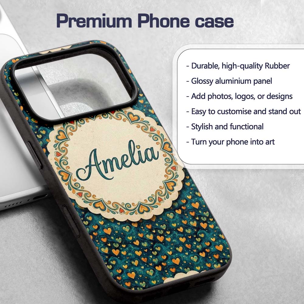 Artistic Blue and Gold Heart Swirl Printed Design Custom Name Protective Phone Case Mobile Cover Durable Everyday Smartphone Shock Resistant
