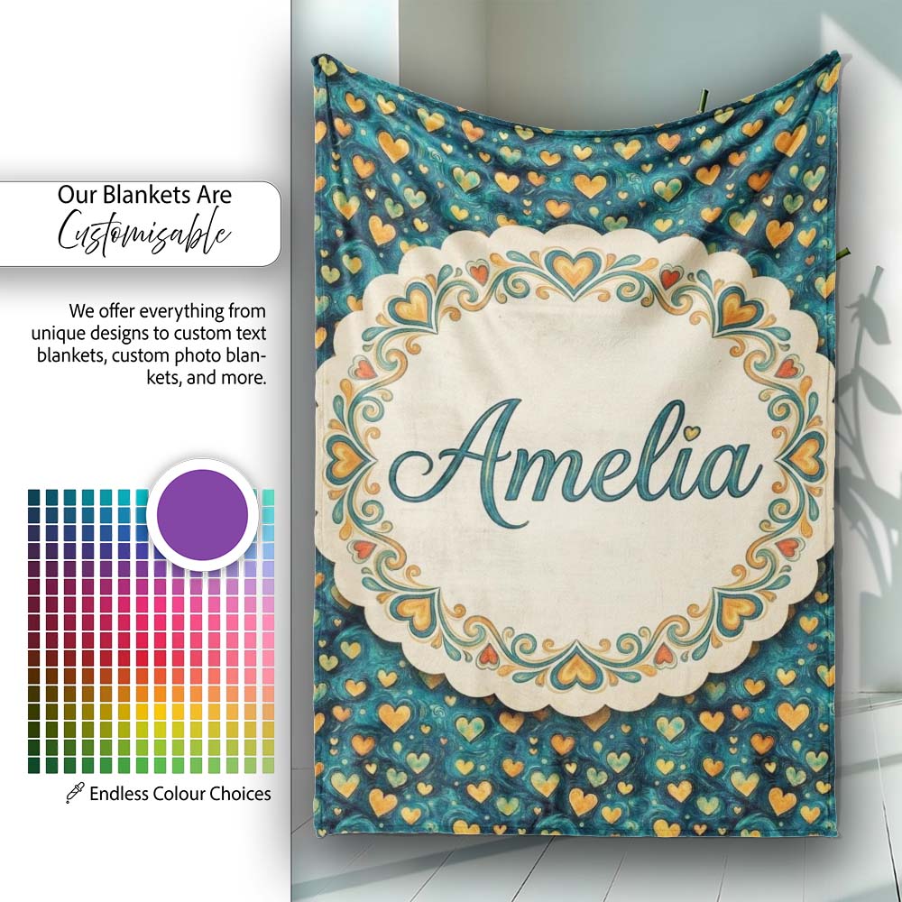 Artistic Blue and Gold Heart Swirl Textured Seamless Pattern Lovely  Personalised Custom Name Super Soft Fleece Blanket Bed Sofa Throw