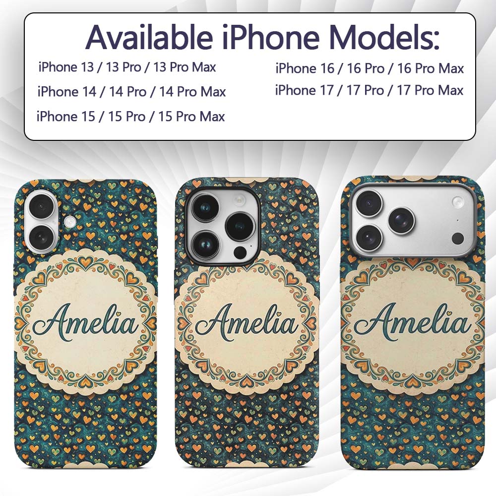 Artistic Blue and Gold Heart Swirl Printed Design Custom Name Protective Phone Case Mobile Cover Durable Everyday Smartphone Shock Resistant