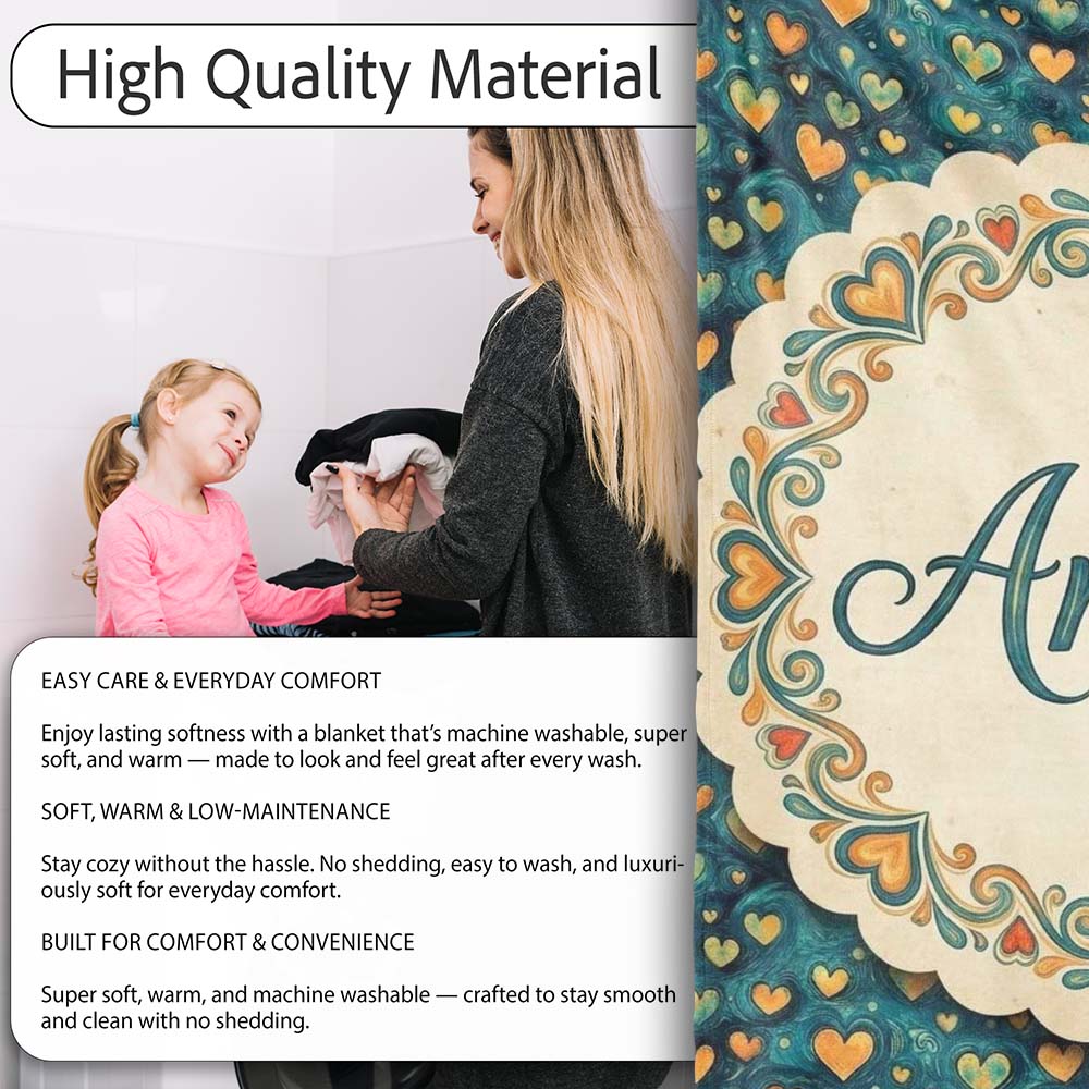 Artistic Blue and Gold Heart Swirl Textured Seamless Pattern Lovely  Personalised Custom Name Super Soft Fleece Blanket Bed Sofa Throw