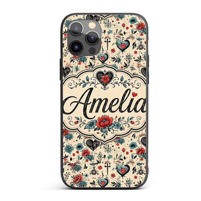 Vintage Floral Heart and Botanical Illustration Custom Name Protective Phone Case Mobile Cover Durable Everyday Smartphone Shock Resistant