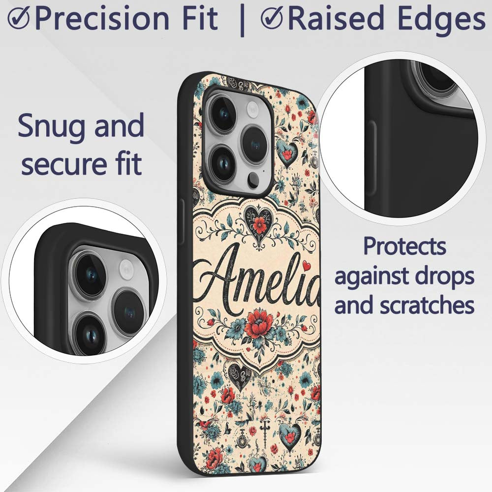 Vintage Floral Heart and Botanical Illustration Custom Name Protective Phone Case Mobile Cover Durable Everyday Smartphone Shock Resistant