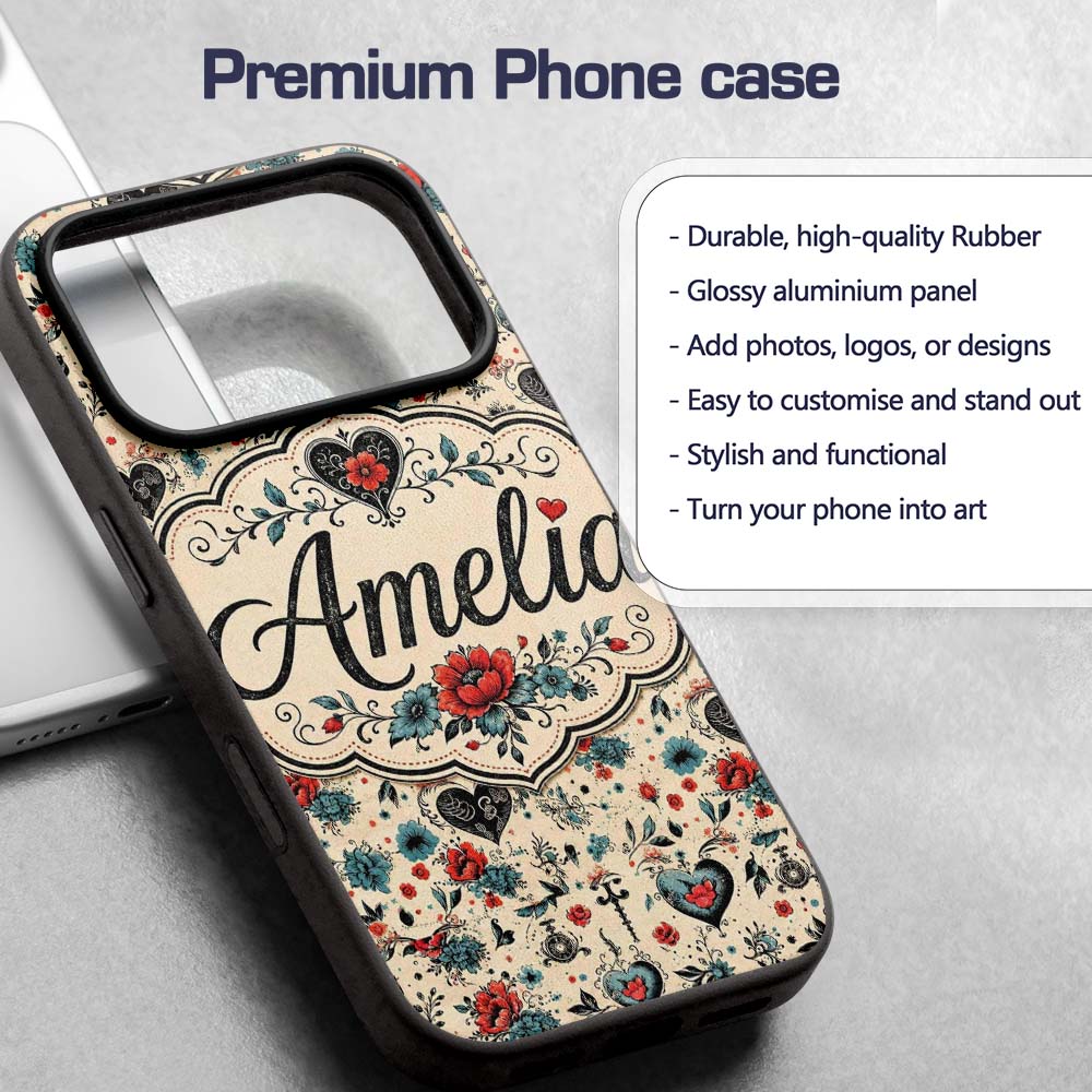 Vintage Floral Heart and Botanical Illustration Custom Name Protective Phone Case Mobile Cover Durable Everyday Smartphone Shock Resistant