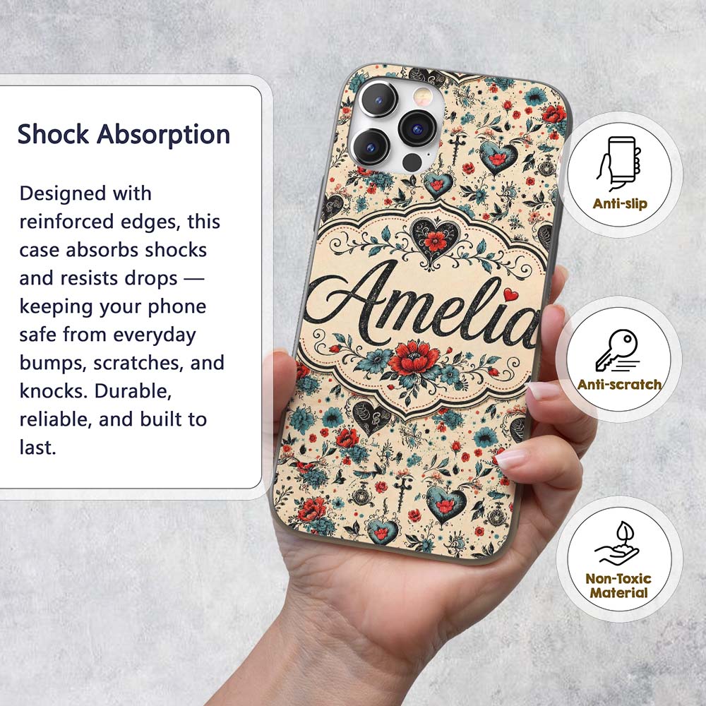 Vintage Floral Heart and Botanical Illustration Custom Name Protective Phone Case Mobile Cover Durable Everyday Smartphone Shock Resistant