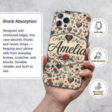Vintage Floral Heart and Botanical Illustration Custom Name Protective Phone Case Mobile Cover Durable Everyday Smartphone Shock Resistant