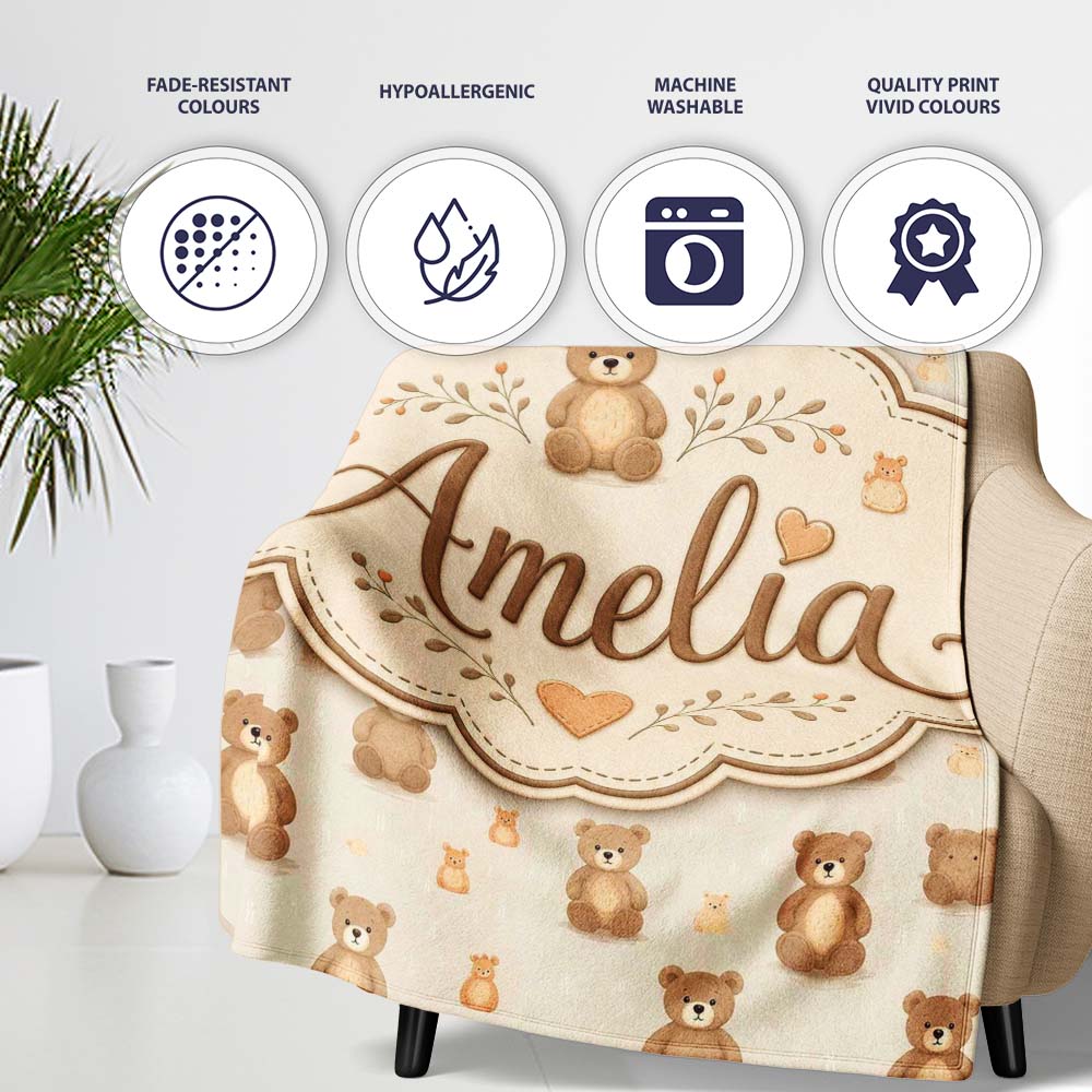 Cute Teddy Bear Minimal Nursery Seamless Pattern Cute Unique Gift  Personalised Custom Name Super Soft Fleece Blanket Bed Sofa Throw