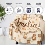 Cute Teddy Bear Minimal Nursery Seamless Pattern Cute Unique Gift  Personalised Custom Name Super Soft Fleece Blanket Bed Sofa Throw