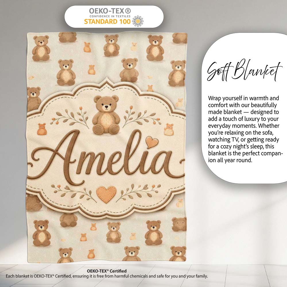 Cute Teddy Bear Minimal Nursery Seamless Pattern Cute Unique Gift  Personalised Custom Name Super Soft Fleece Blanket Bed Sofa Throw