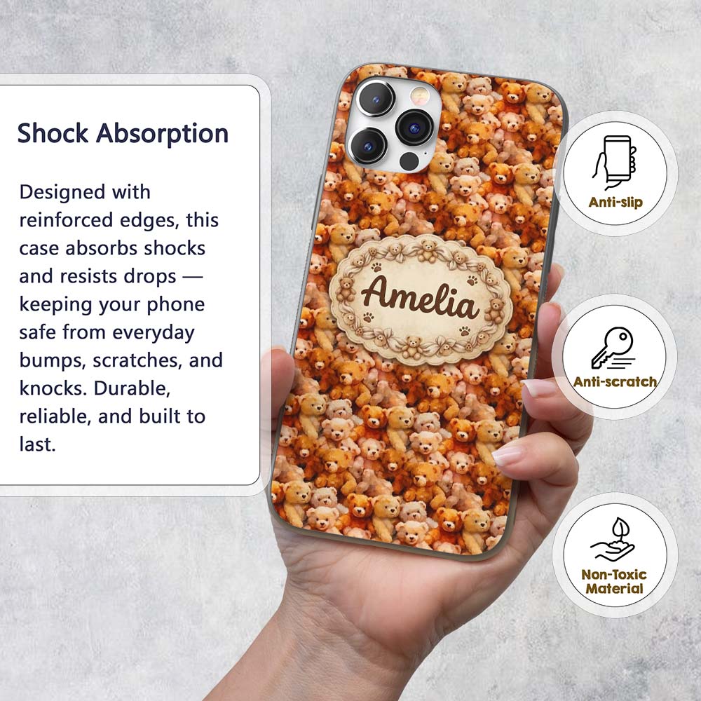 Soft Watercolor Teddy Bear Cluster Printed Design Custom Name Protective Phone Case Mobile Cover Durable Everyday Smartphone Shock Resistant