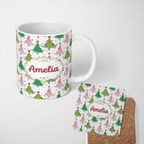Personalized Custom Name Hand Drawn Christmas Trees with Stars Dots and Swirls Cute Seamless 11oz Ceramic Coffee Tea Mug White Large Handle