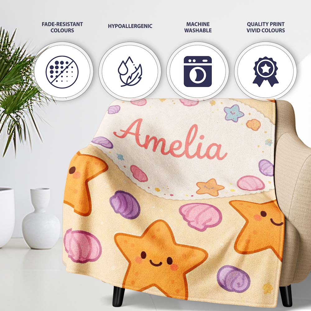 Cute Starfish Shell Cartoon Ocean Animal Pattern Cute Unique Gift  Personalised Custom Name Super Soft Fleece Blanket Bed Sofa Throw