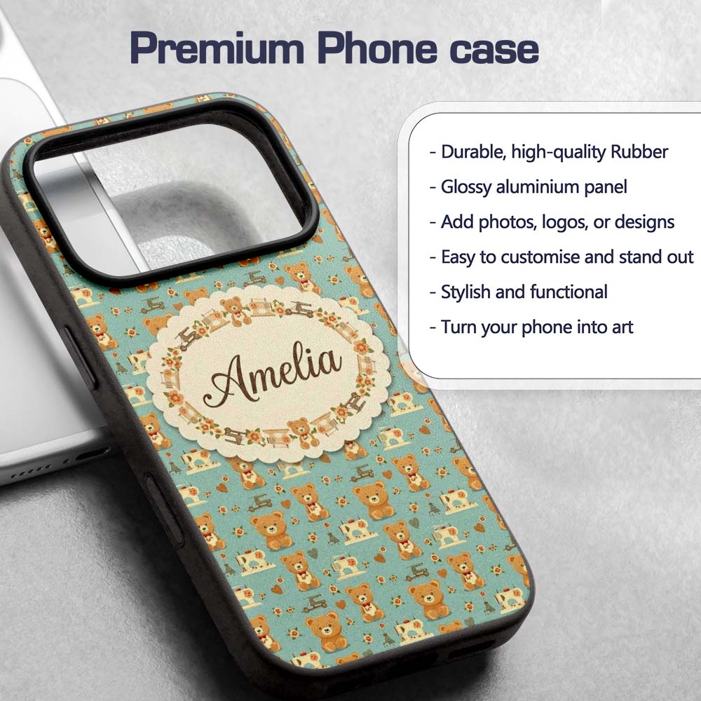 Cute Teddy Bear Sewing Theme Decorative Design Custom Name Protective Phone Case Mobile Cover Durable Everyday Smartphone Shock Resistant