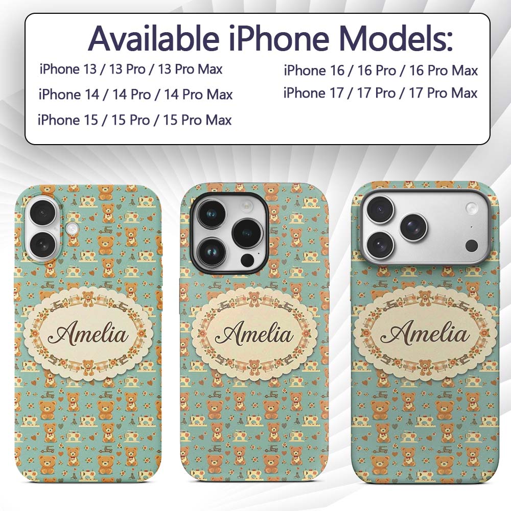 Cute Teddy Bear Sewing Theme Decorative Design Custom Name Protective Phone Case Mobile Cover Durable Everyday Smartphone Shock Resistant