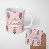 Personalized Custom Name Cute Nutcracker Soldiers Christmas Toy Characters Pattern Soft Pink 11oz Ceramic Coffee Tea Mug White Large Handle