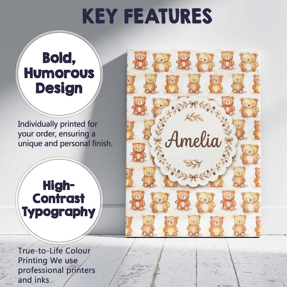 Personalised Name Watercolor Cute Teddy Custom  Modern Room Accent Elegant Feature Canvas Wall Art Print Decor Picture Ready to Hang