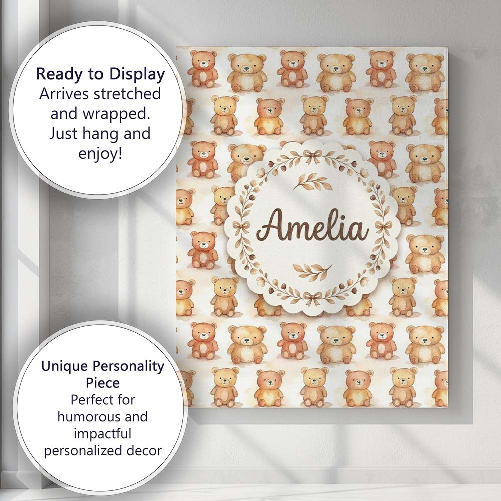 Personalised Name Watercolor Cute Teddy Custom  Modern Room Accent Elegant Feature Canvas Wall Art Print Decor Picture Ready to Hang