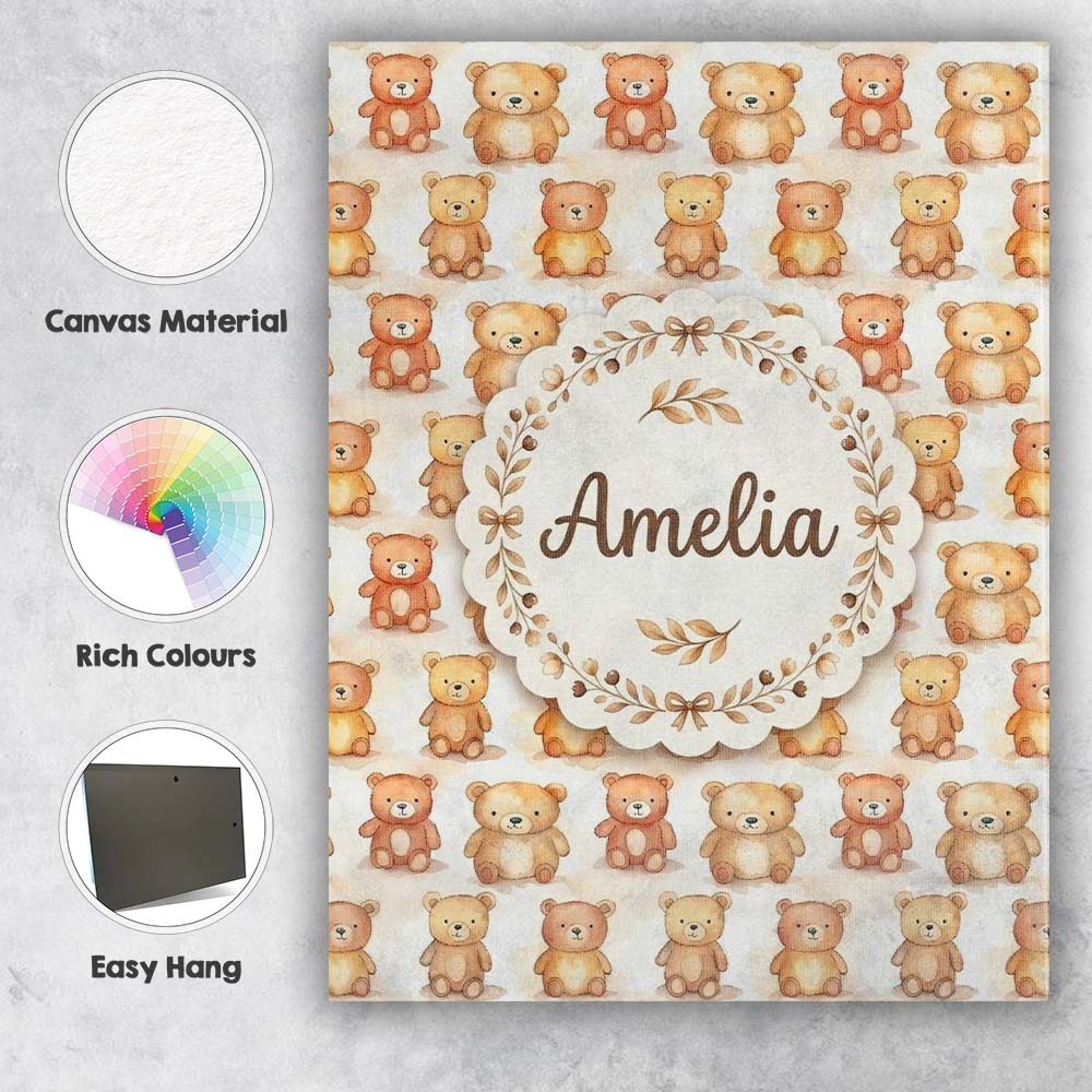 Personalised Name Watercolor Cute Teddy Custom  Modern Room Accent Elegant Feature Canvas Wall Art Print Decor Picture Ready to Hang