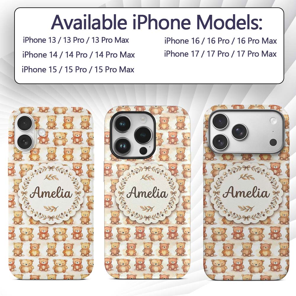 Watercolor Cute Teddy Bear Soft Pastel Seamless Custom Name Protective Phone Case Mobile Cover Durable Everyday Smartphone Shock Resistant