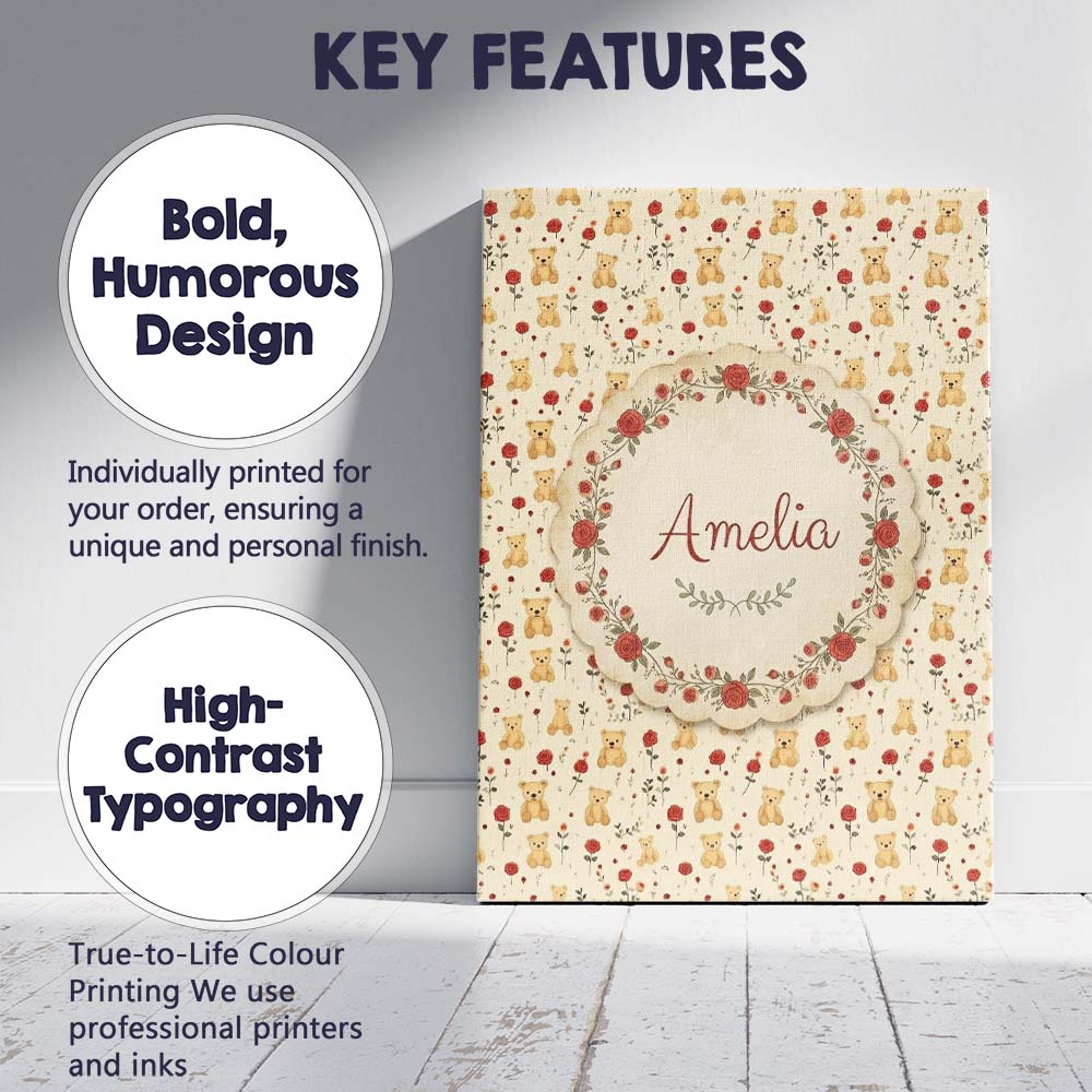 Personalised Name Cute Teddy Bear and Red Custom  Unique Gift Idea Elegant Feature Canvas Wall Art Print Decor Picture Ready to Hang