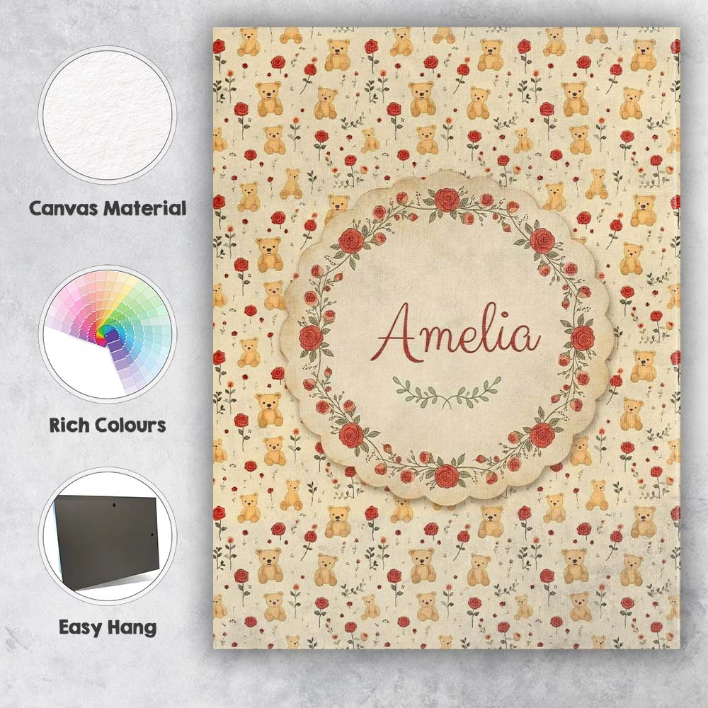 Personalised Name Cute Teddy Bear and Red Custom  Unique Gift Idea Elegant Feature Canvas Wall Art Print Decor Picture Ready to Hang