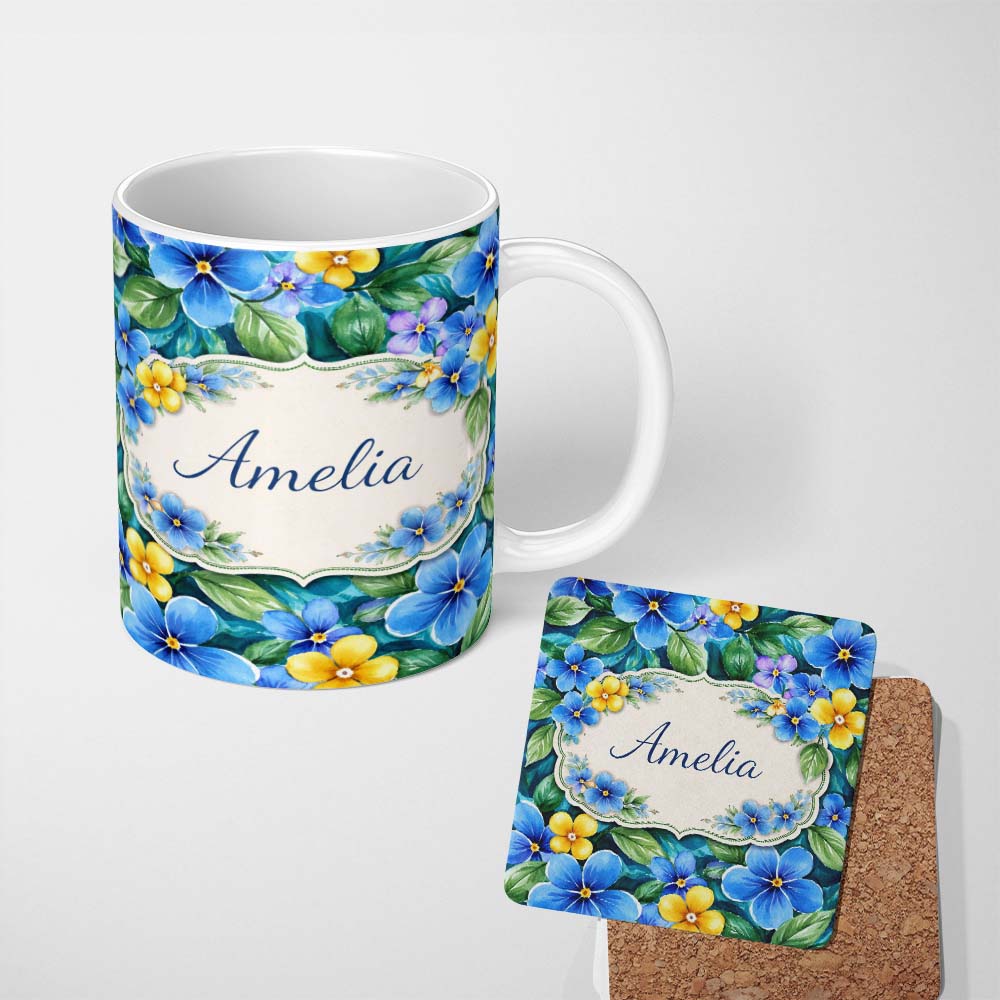 Personalized Custom Name Blue and Yellow Floral Watercolor Garden Seamless Pattern Lovely 11oz Ceramic Coffee Tea Mug White Large Handle