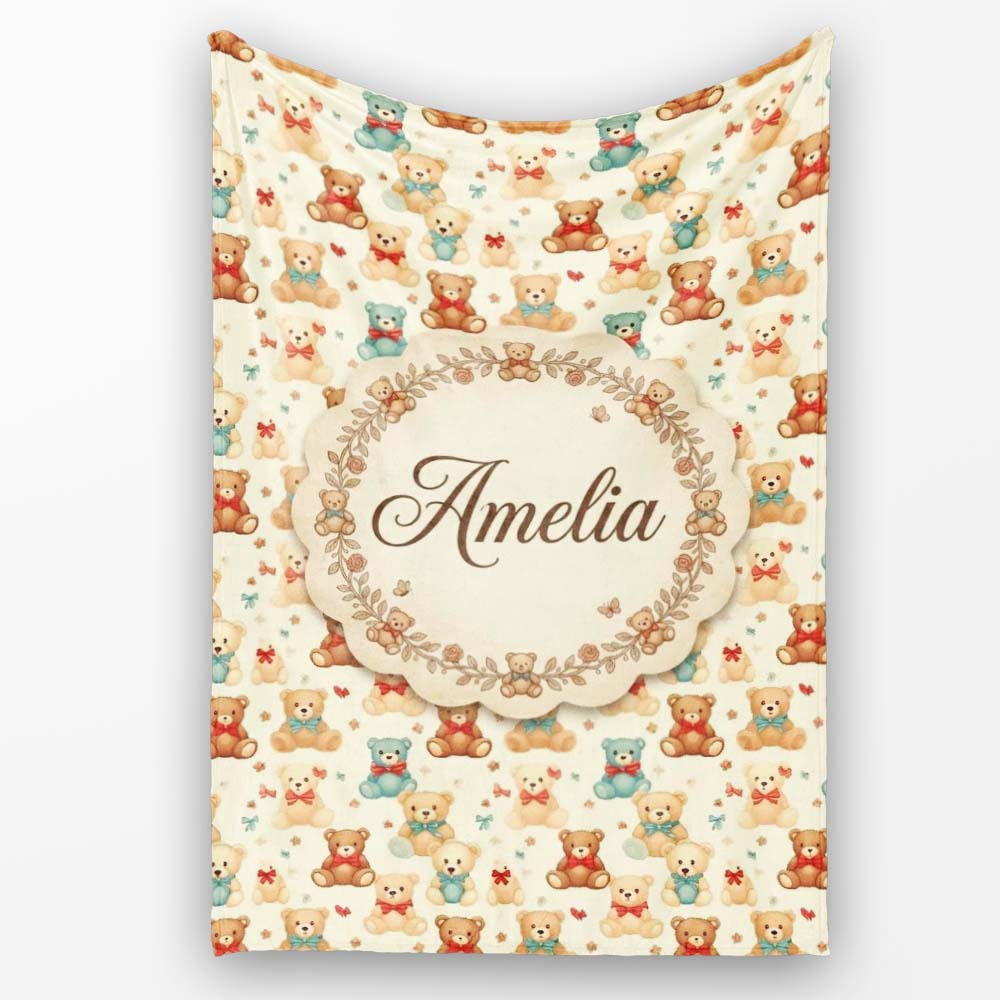 Cute Multicolor Teddy Bears with Bows and Floral Accents Seamless  Personalised Custom Name Super Soft Fleece Blanket Bed Sofa Throw