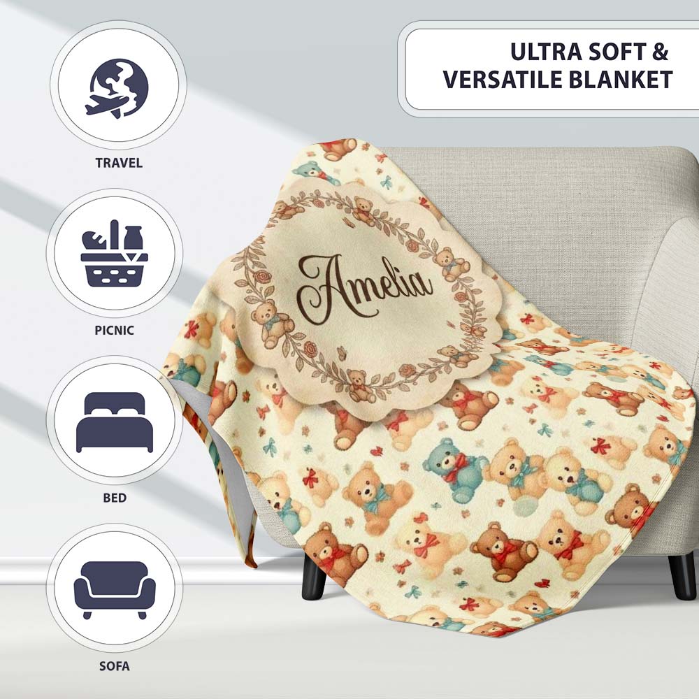 Cute Multicolor Teddy Bears with Bows and Floral Accents Seamless  Personalised Custom Name Super Soft Fleece Blanket Bed Sofa Throw