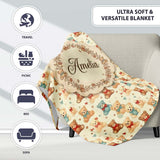 Cute Multicolor Teddy Bears with Bows and Floral Accents Seamless  Personalised Custom Name Super Soft Fleece Blanket Bed Sofa Throw