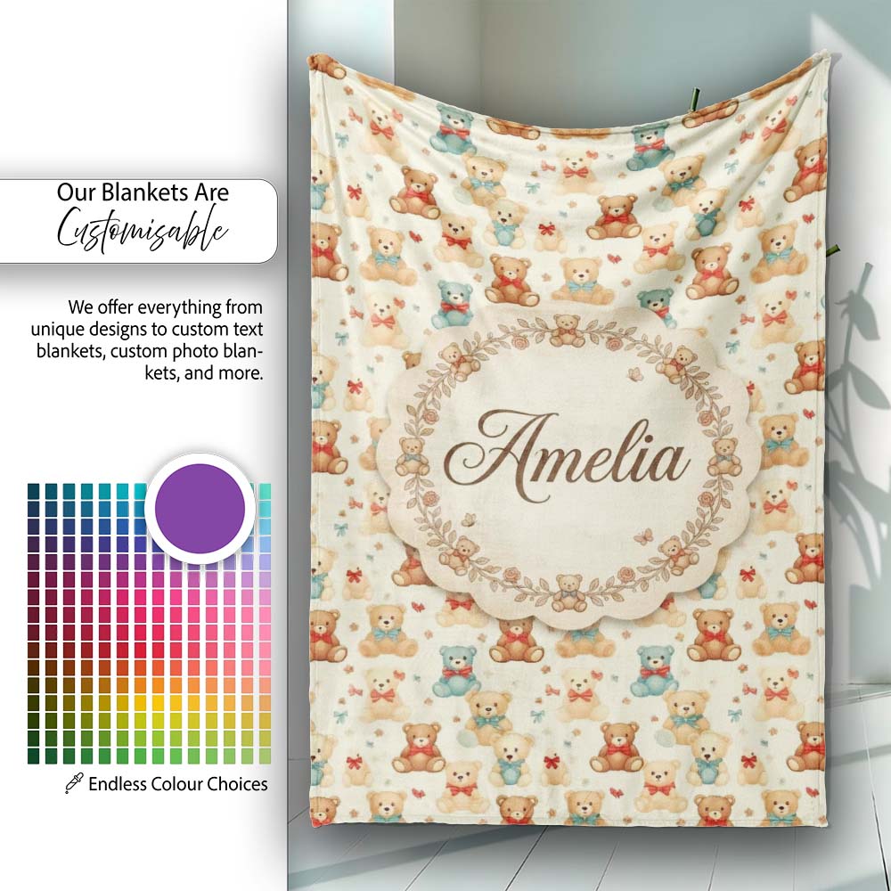 Cute Multicolor Teddy Bears with Bows and Floral Accents Seamless  Personalised Custom Name Super Soft Fleece Blanket Bed Sofa Throw