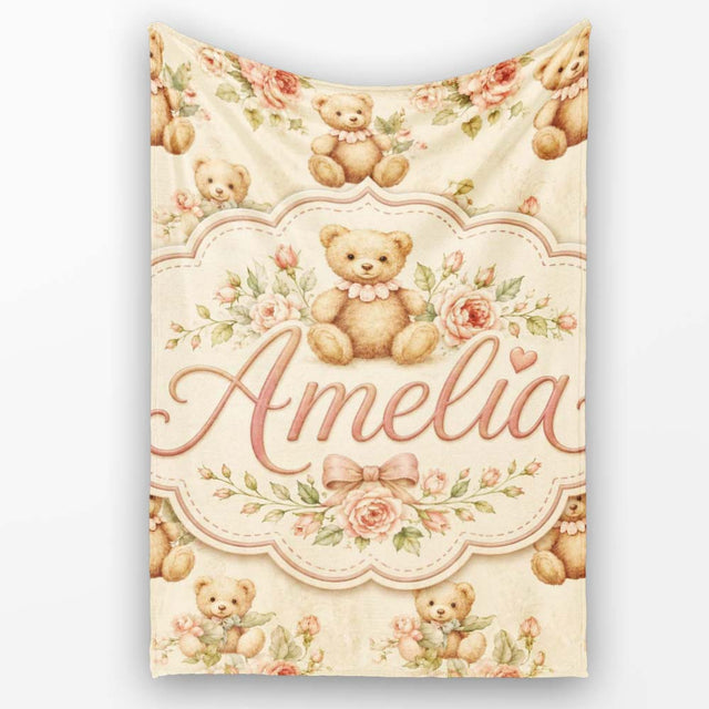Vintage Teddy Bears with Soft Rose Floral Background Seamless Lovely  Personalised Custom Name Super Soft Fleece Blanket Bed Sofa Throw