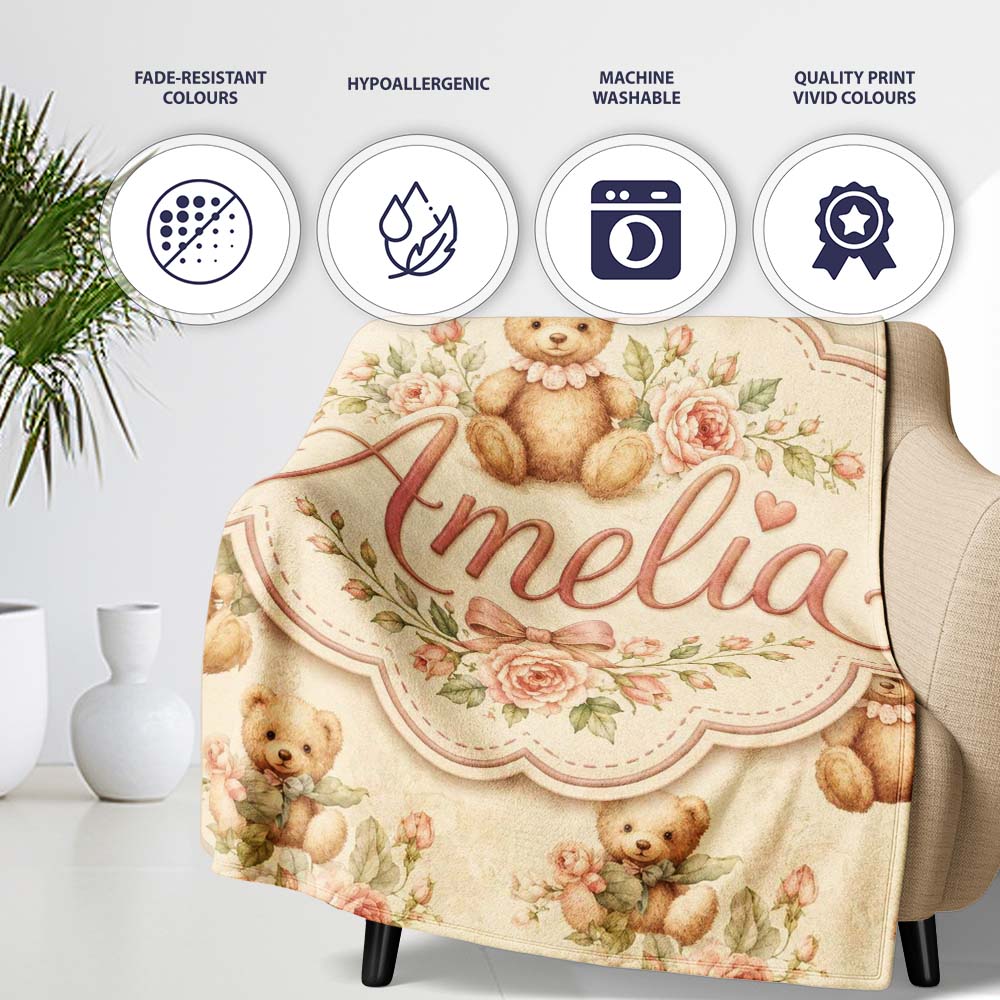Vintage Teddy Bears with Soft Rose Floral Background Seamless Lovely  Personalised Custom Name Super Soft Fleece Blanket Bed Sofa Throw