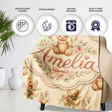 Vintage Teddy Bears with Soft Rose Floral Background Seamless Lovely  Personalised Custom Name Super Soft Fleece Blanket Bed Sofa Throw