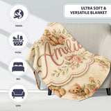 Vintage Teddy Bears with Soft Rose Floral Background Seamless Lovely  Personalised Custom Name Super Soft Fleece Blanket Bed Sofa Throw