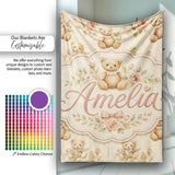Vintage Teddy Bears with Soft Rose Floral Background Seamless Lovely  Personalised Custom Name Super Soft Fleece Blanket Bed Sofa Throw