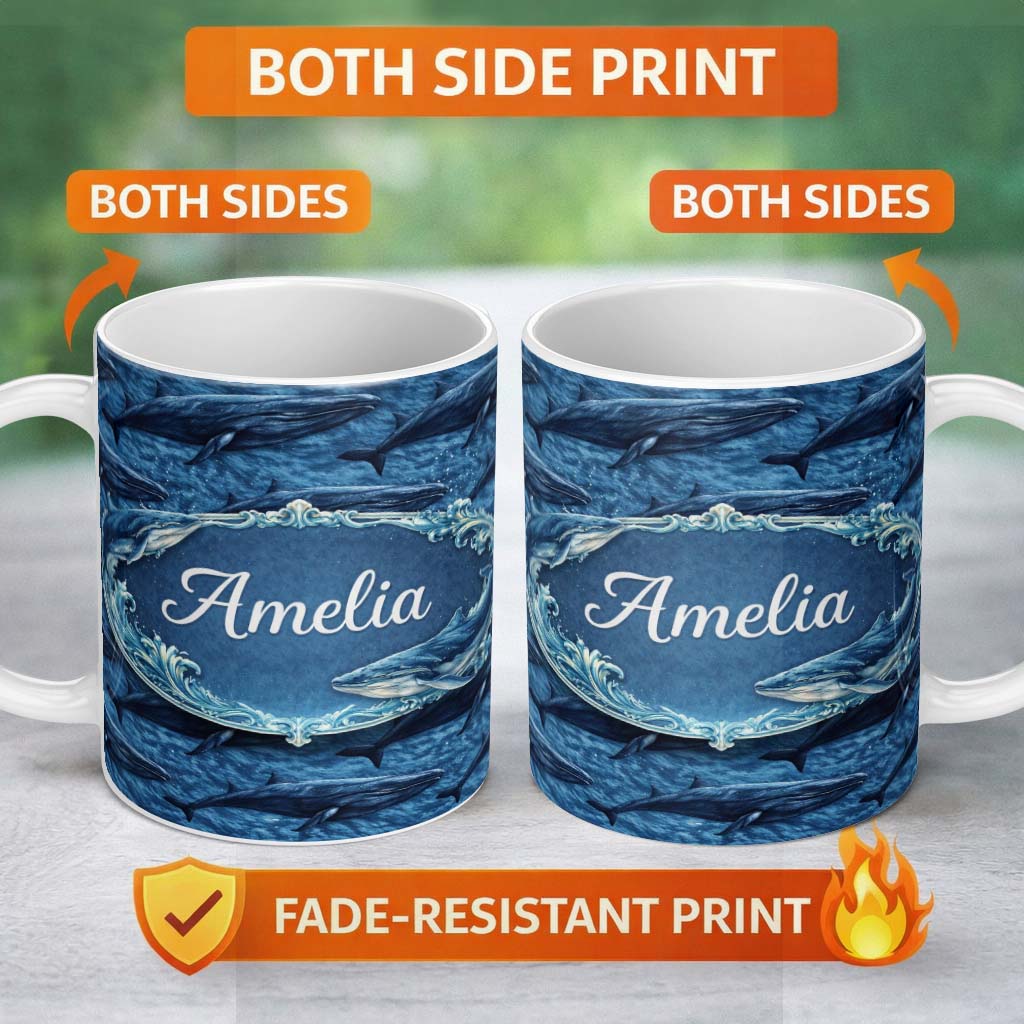 Personalized Custom Name Deep Blue Whale Underwater Seamless Pattern Ocean Marine Design 11oz Ceramic Coffee Tea Mug White Large Handle