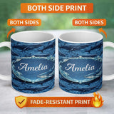 Personalized Custom Name Deep Blue Whale Underwater Seamless Pattern Ocean Marine Design 11oz Ceramic Coffee Tea Mug White Large Handle
