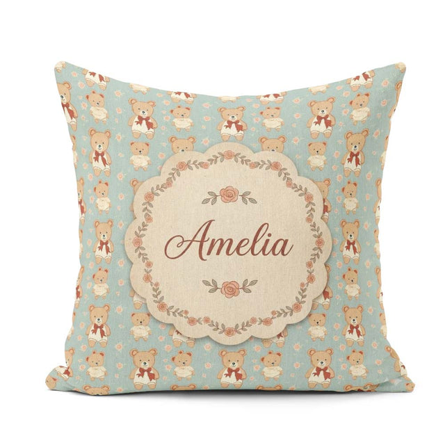 Custom Name Teddy Bears in Dresses with Floral Seamless Pattern Square Filled Cushion Throw Pillow Sofa Bed Home Decor Zip Washable UK Made