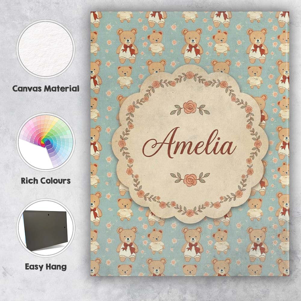 Personalised Name Cute Teddy Bears in Custom Modern Room Accent Creative Decorator Style Canvas Wall Art Print Decor Picture Ready to Hang