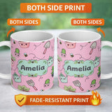 Personalized Custom Name Cute Kawaii Garden Tools Plants Bees Seamless Pattern Pink Lovely 11oz Ceramic Coffee Tea Mug White Large Handle