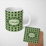 Personalized Custom Name Dark Green Leaf Wave Seamless Pattern with Organic Flowing Shapes 11oz Ceramic Coffee Tea Mug White Large Handle
